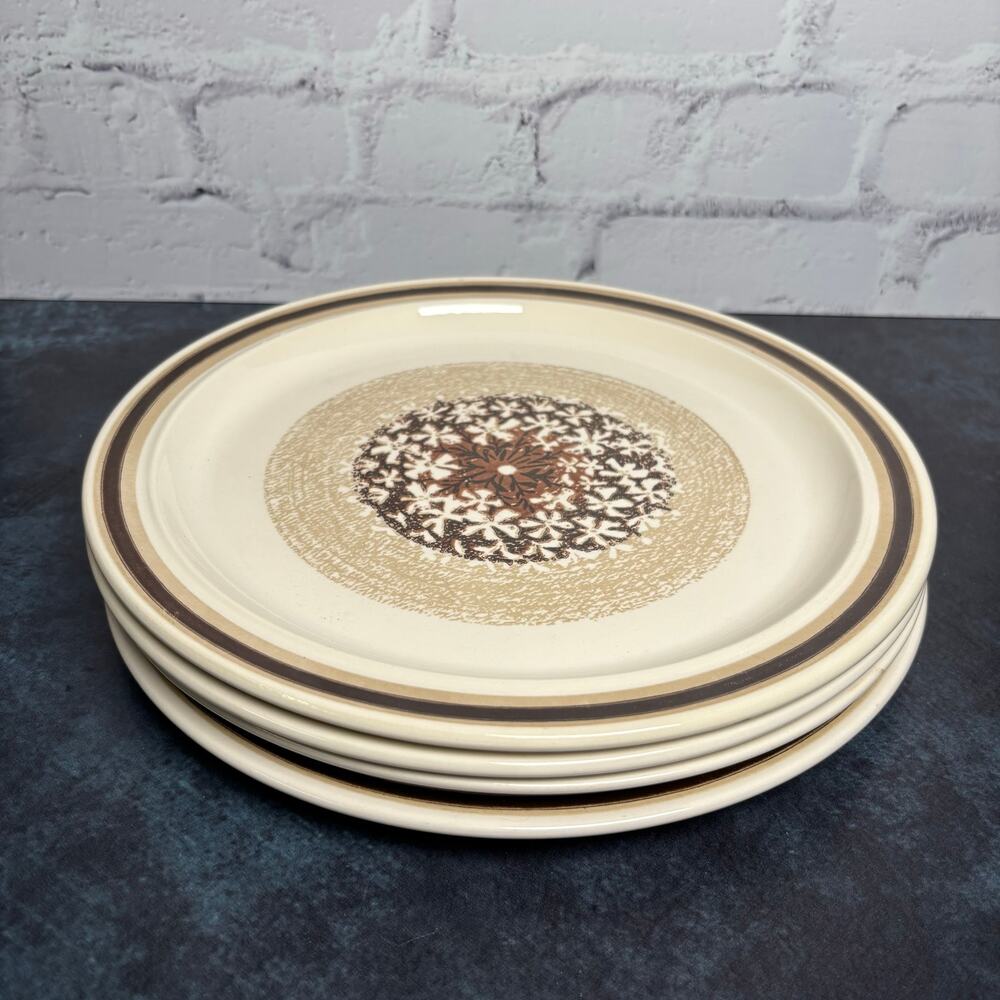 Vtg Royal China Omegastone Snowflower Cream Brown Boho Dinner Plates Set of 4